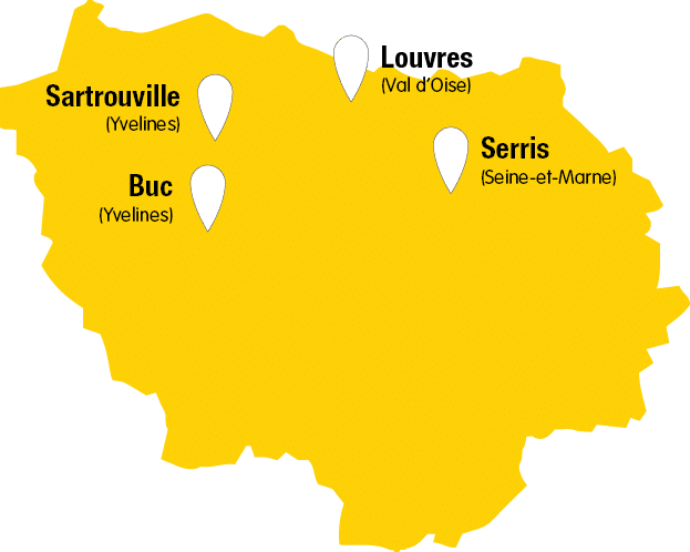 Carte des agences de Récré'Action en Île-de-France avec Serris, Sartrouville, Buc et Louvres